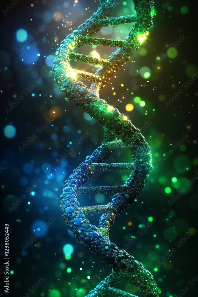 Poster glowing dna double helix structure with soft lighting and bokeh, ideal for science backgrounds.