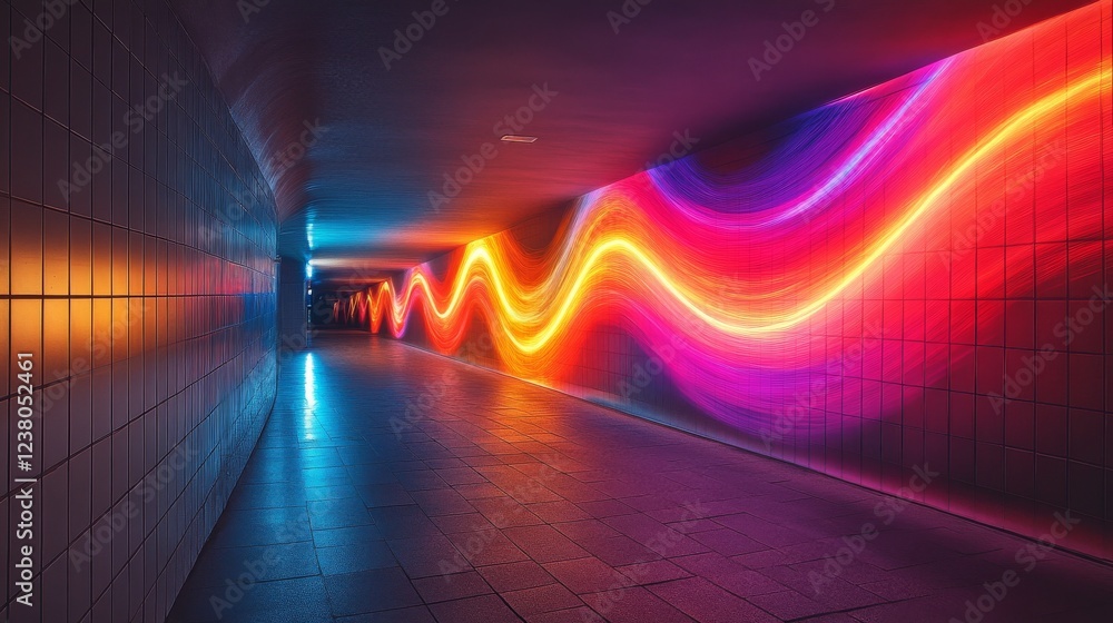 Poster abstract light painting with neon trails and swirls creating a dynamic design, captured with long ex
