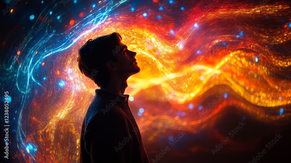 Poster abstract light painting with neon trails and swirls creating a dynamic design, captured with long ex