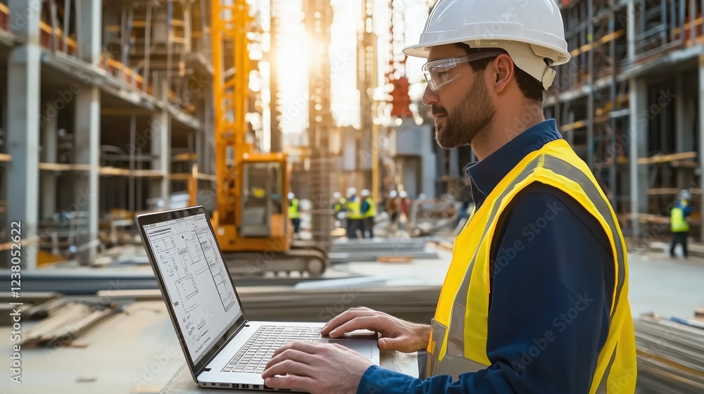 Poster construction worker using laptop at building site with crane and workers in background, modern archi