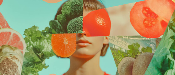 Unique mixed media collage featuring sustainable themes and vibrant fruits and vegetables
