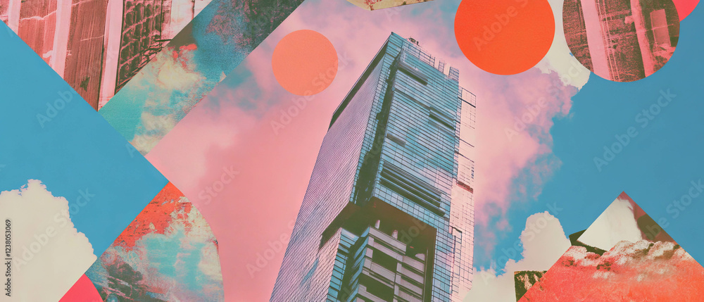 Poster minimalistic mixed media collage features vibrant geometric shapes and skyscraper elements