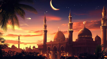 Burning candle lamp glowing at night mosque background. Ornamental arabic lantern wallpaper suitable for muslim festive ramadan, eid greeting invitation