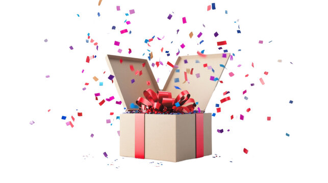 Open gift box exploding with colorful confetti on transparent background