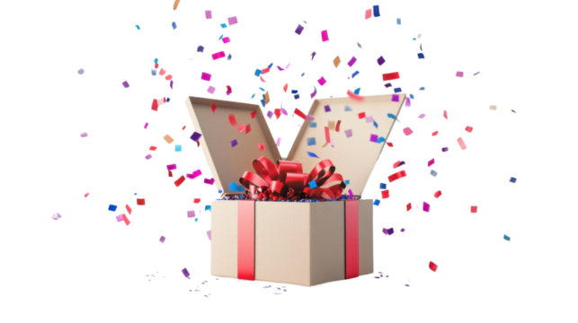 Open gift box exploding with colorful confetti on transparent background