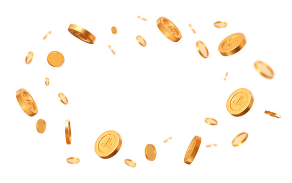 3d flying golden Saudi riyal coins with different angles. Stock vector illustration on isolated background.	
