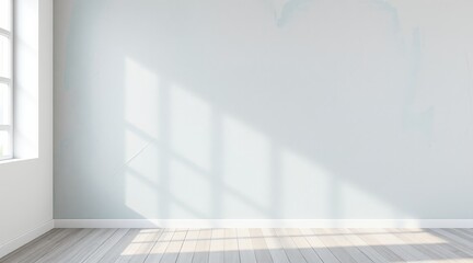 Obraz premium Bright empty room with white walls and soft window shadows, minimalist interior design