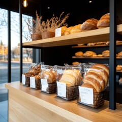 Rustic Bakery Aesthetic Fresh Artisan Bread on Oak Shelves and Glass Counters - Local Business Content and Modern Retail Merchandising in Sustainable Food Industry