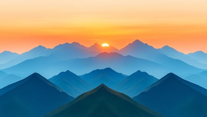 Serene Sunset Over Majestic Blue Mountain Ranges Breathtaking Landscape Panorama