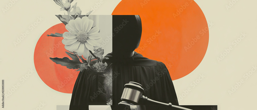 Poster minimalist collage blending geometric shapes and nature with a judge figure holding a gavel