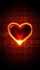 Glowing Red Heart Symbol on Grid Background with Medical Line Chart, Abstract Bright Colors
