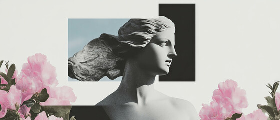 Minimalist collage showcasing a statue with flowing hair against floral geometric backdrop