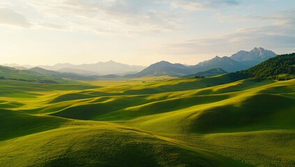 Obraz premium Serene Rolling Hills Landscape at Sunset Green Meadows Mountain Range Background