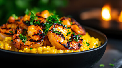 Italian Risotto al Limone lemon risotto, garnished with parsley and Parmesan, served in a rustic countryside kitchen, Mediterranean comfort food, artisanal freshness