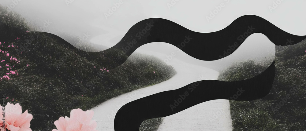 Poster minimalist collage with geometric shapes and a winding path in fog