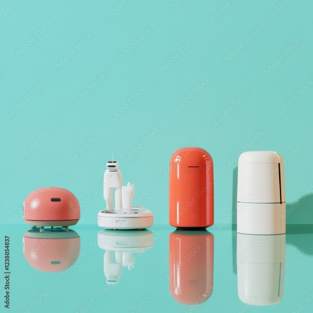 Poster contemporary home robotics showcase miniature toy robots on reflective surface - vibrant tech aesthe
