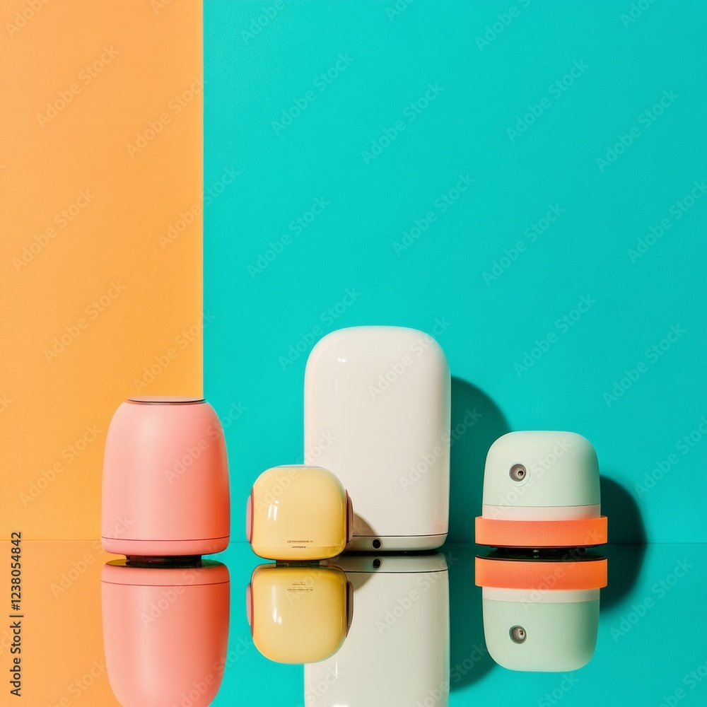 Aufkleber Playful Tech Aesthetic Colorful Miniature Robots and Smart Devices on Reflective Glass - Home Robotics for Modern Living Spaces and Interactive Digital Engagement