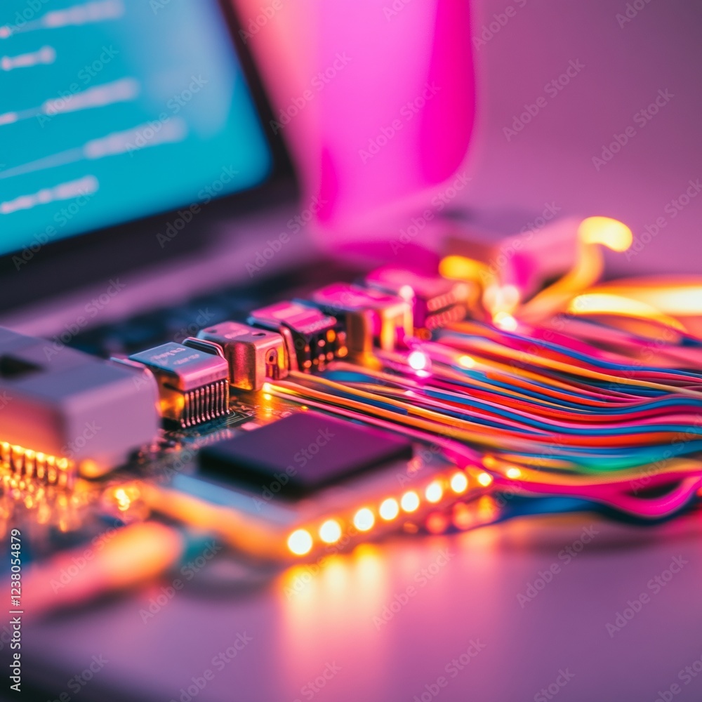 Fototapete vibrant diy robotics close-up of microcontroller with colorful wiring on sleek desk - tech education