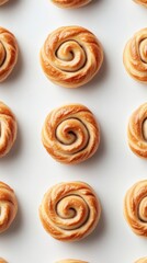 Fototapeta premium Artisanal Cinnamon Roll Display Freshly Baked Golden Rolls on White Surface - Premium Bakery Visuals and Comfort Food Marketing for Culinary Brands