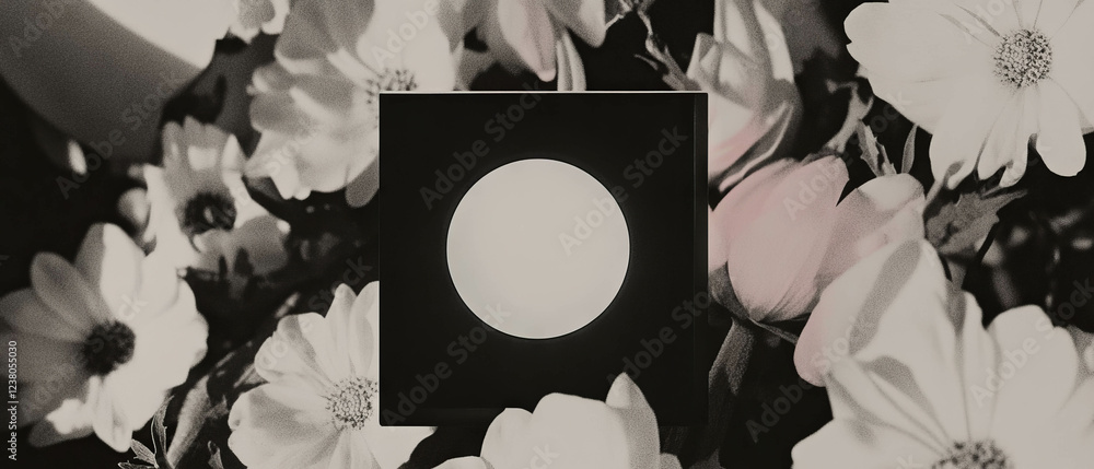 Poster collage of geometric shapes and floral elements with illuminated play button on audio player