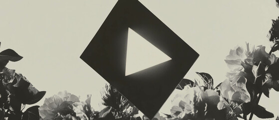 Minimalist collage displaying a play button amidst geometric shapes and floral elements