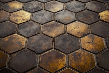 Rustic hexagonal floor tiles with metallic accents and weathered texture