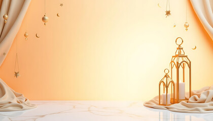 Minimalist Ramadan Flat-Lay with Elegant Lanterns and Crescent Moon