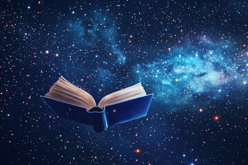 A book floats in space with a distant planet surrounded by stars, symbolizing knowledge and exploration in the universe