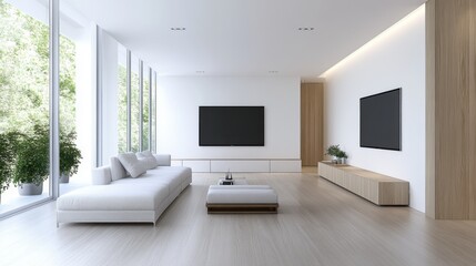 Spacious and Modern Living Room with Minimalist Design and Large Windows Offering Natural Light
