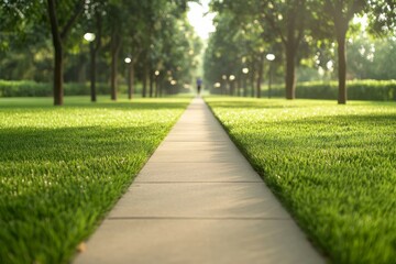 Obraz premium Serene Urban Walking Trail Tree-Lined Pathway with Early Morning Jogger - Wellness Destination and Sustainable Tourism Design for Urban Recreation