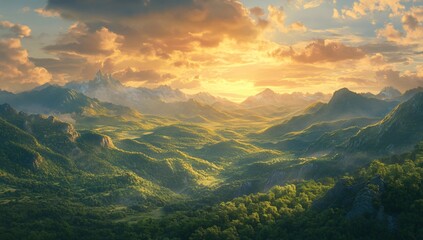 Majestic Mountain Range at Golden Hour Scenic Valley Landscape Breathtaking Sunset View