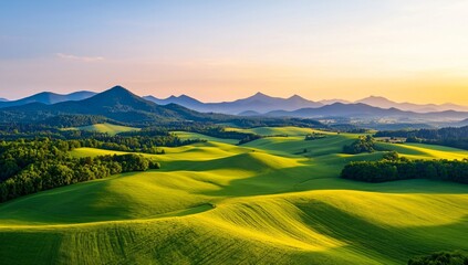 Fototapeta premium Serene Sunset Landscape Rolling Green Hills and Majestic Mountains
