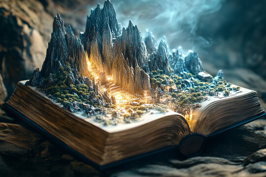 Enchanted book releasing magical castle at twilight in a mystical forest setting