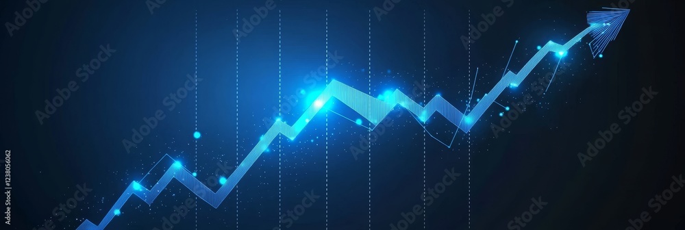 Poster glowing cyan line chart on dark blue background, ascending arrow shape with gradient effect
