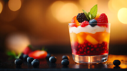 Japanese Anmitsu jelly dessert, layered with mochi, red bean paste, and fruit, served in a minimalist tea house, Asian desserts, refined artistry