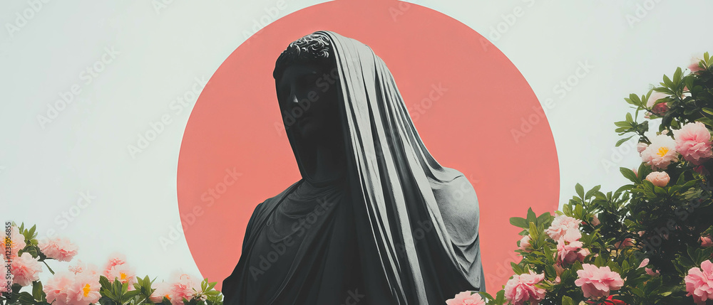 Poster collage featuring a draped statue intertwined with geometric shapes and floral elements