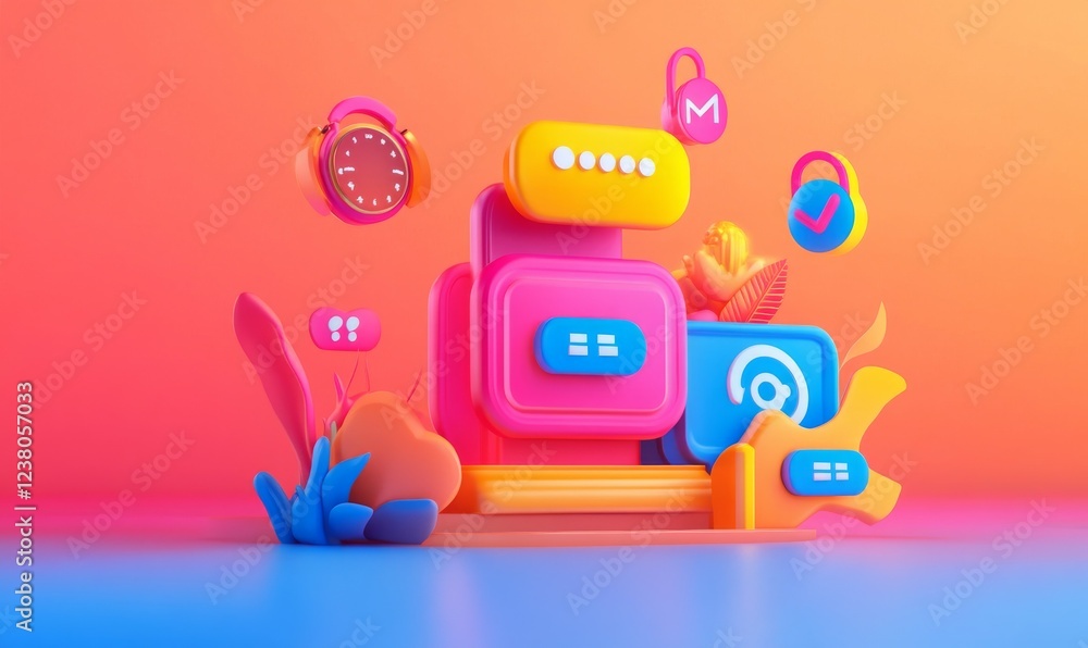 Poster minimalist customer support concept art with 24/7 availability symbols in bright colors for text ove