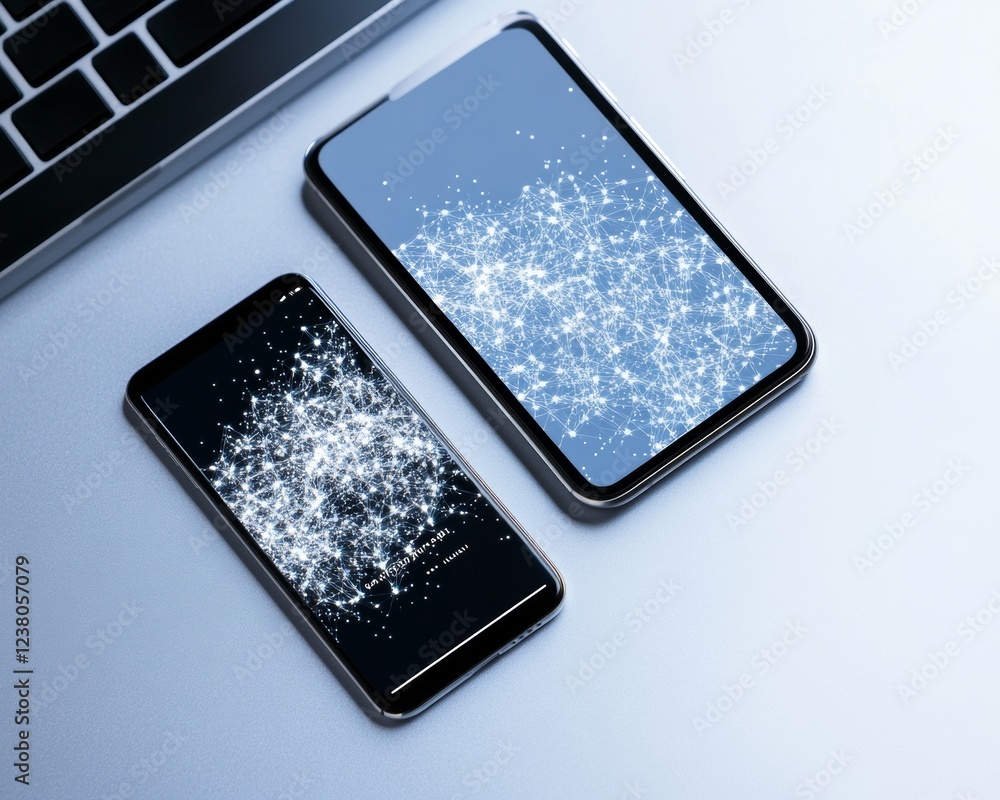 Aufkleber Sleek Tech Integration Modern Smartphone and Tablet with Digital Wallet Interfaces on Metallic Gradient Surface - Fintech Solutions for Evolving Workspaces and Futuristic Transactions