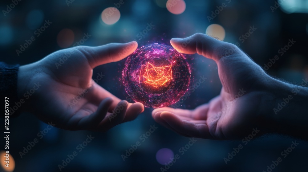 Poster glowing holographic coin exchange futuristic digital currency in soft pastel cityscape - tech-driven
