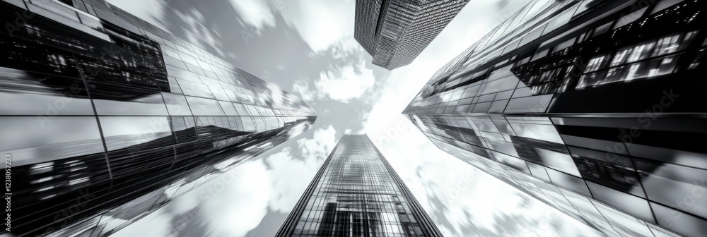 Poster sleek glass skyscrapers with network grid in futuristic cityscape - digital transformation imagery f