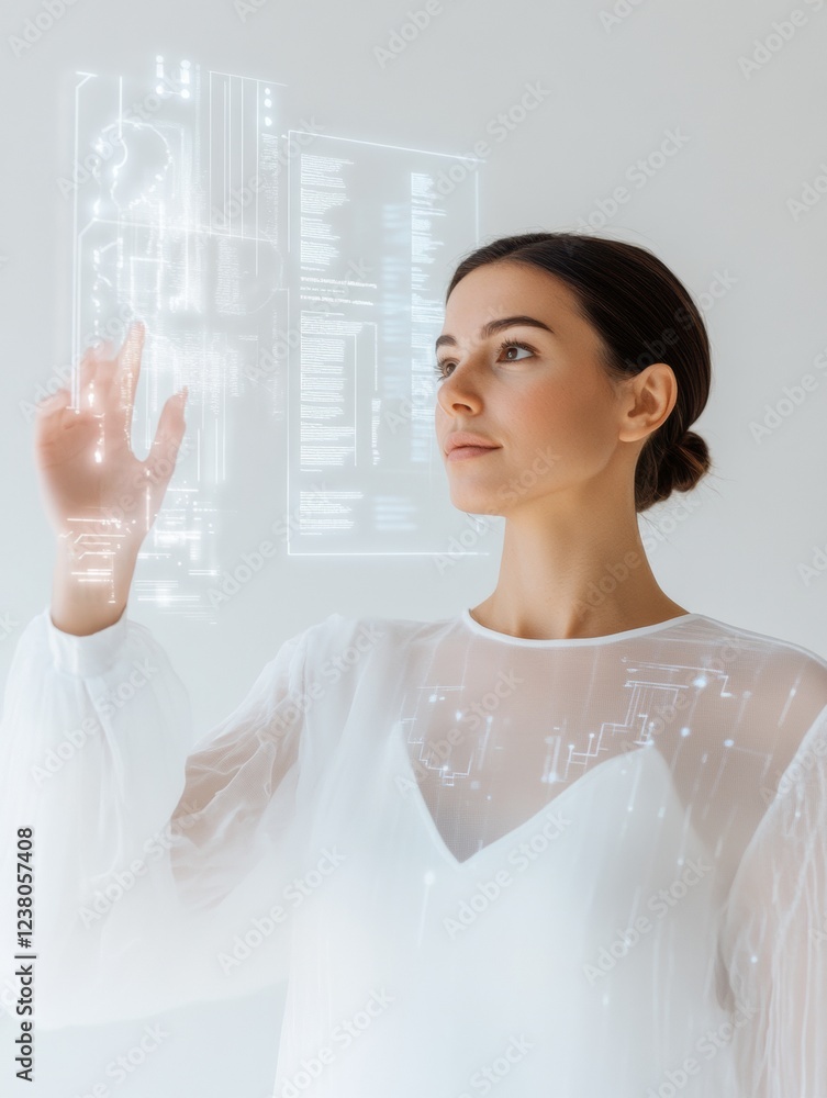 Poster Holographic Interface Experience Latina Woman Engaged with Futuristic Digital Display in Neon-Lit Workspace - Cutting-Edge Business Tech and Data Visualization