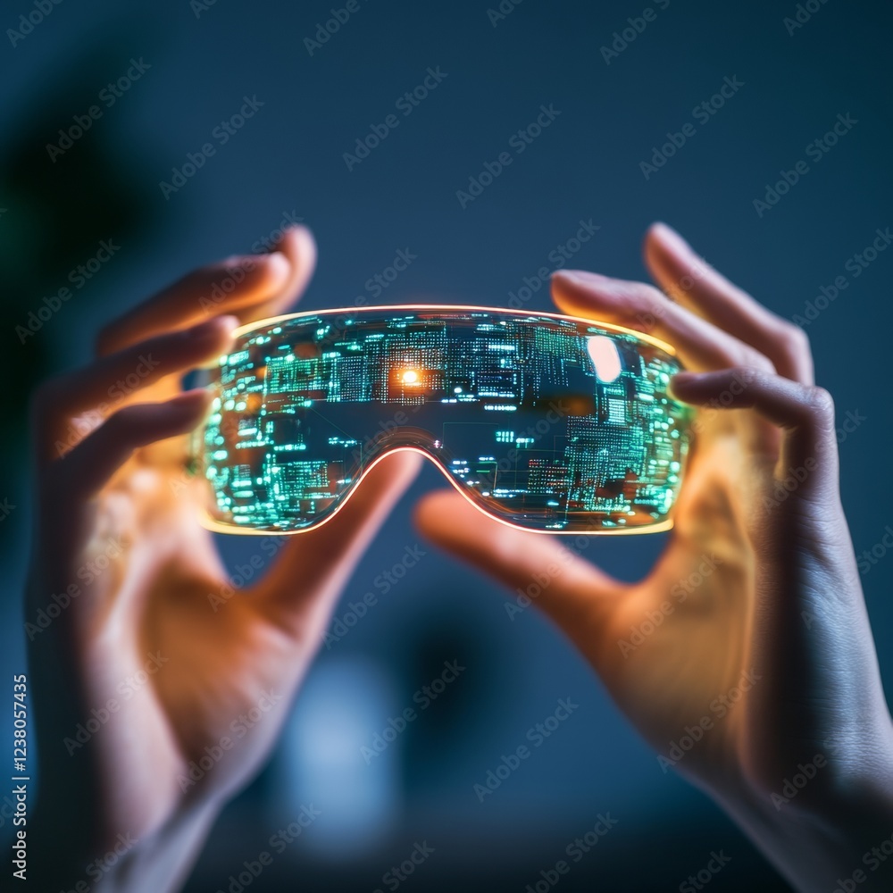Poster Tech-Chic AR Headset Close-Up Lightweight Circuit-Embedded Design in Softly Lit Studio - Redefining Wearable Innovation for Next-Gen Digital Interfaces