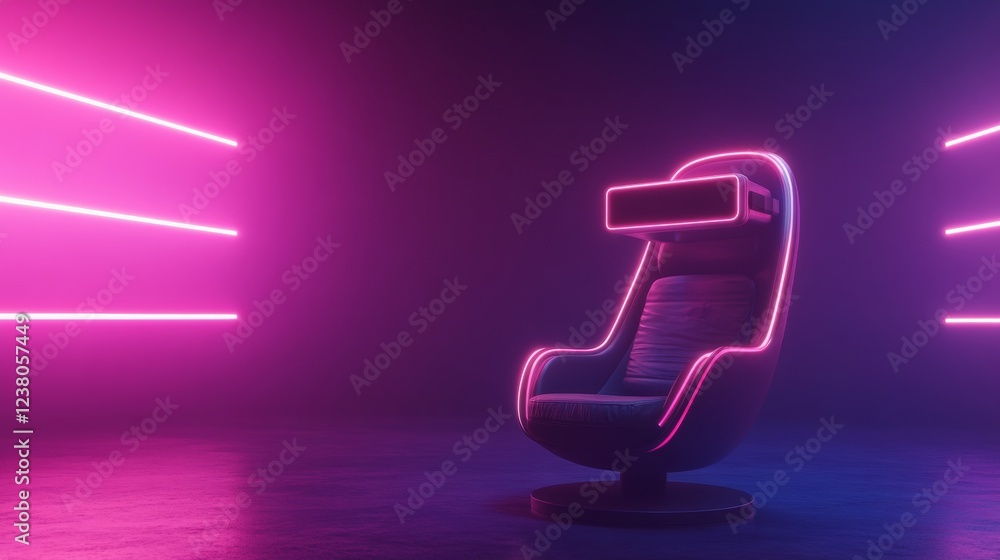 Poster cyberpunk vr gaming arena sleek led-enhanced chair with 360 floating panel display - immersive enter