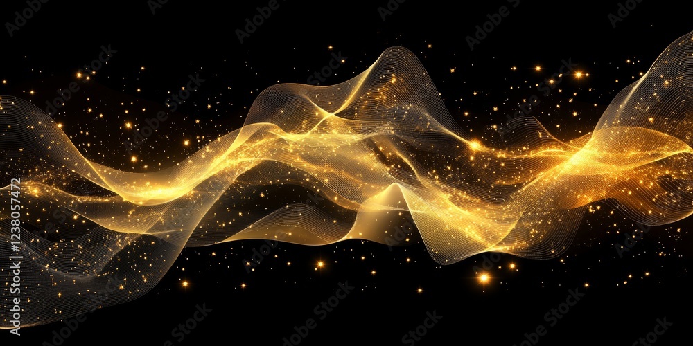Poster abstract background, golden glowing lines and mesh of points of light, abstract continuous shape