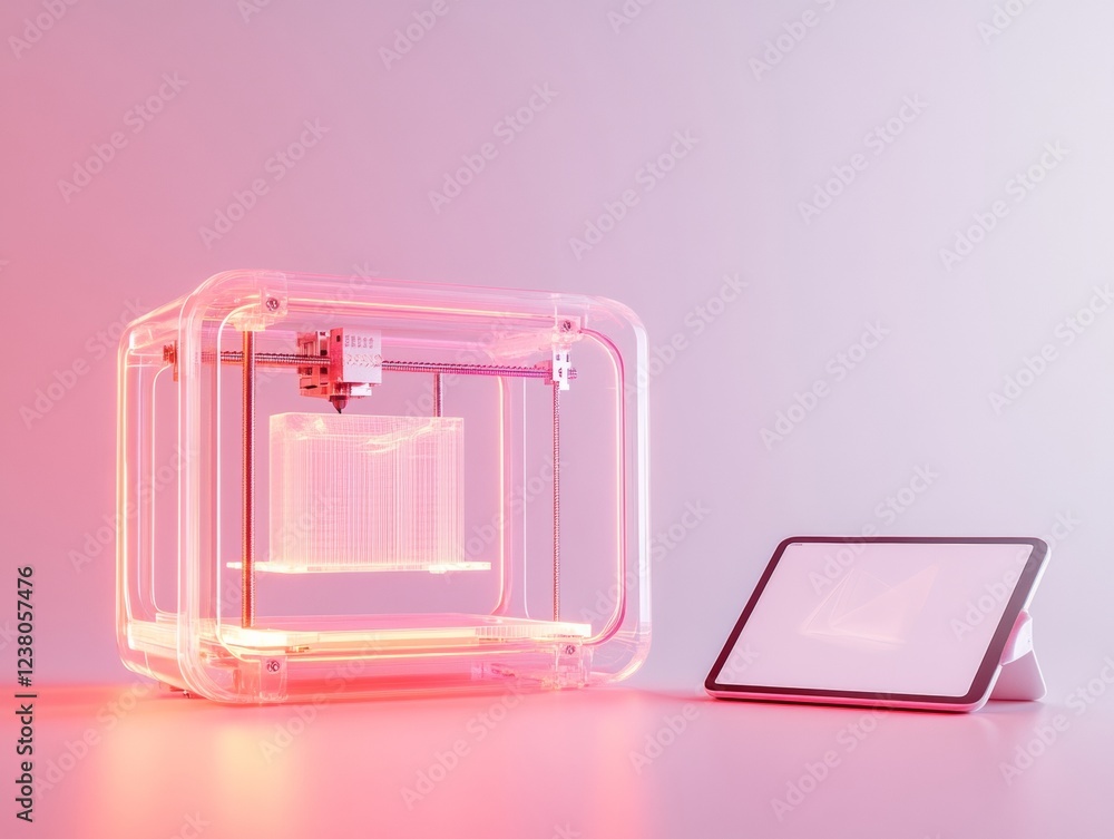 Poster Neon-Lit Tech Workspace Translucent Model Printing with LED Panels and Digital Interface - Innovative Architecture and Design for Modern Workplaces