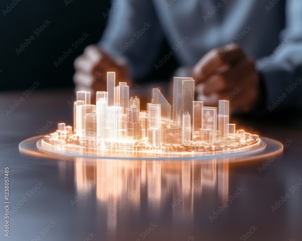 Poster holographic cityscape projection interactive glass table display illuminates smart urban planning - 