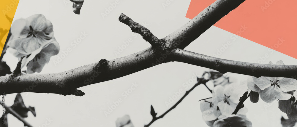 Poster minimalist collage featuring geometric shapes and a branch pruning on a white background