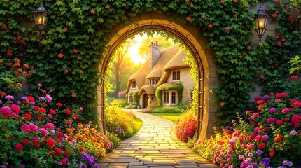 Fototapeta premium A sunlit ivy-covered stone archway frames a magical garden path leading to a cozy storybook cottage, surrounded by blooming flowers and golden rays of light.