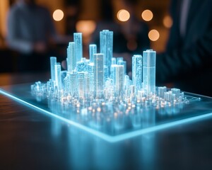 Holographic Urban Innovation Futuristic Glass Cityscape with Gradient Lighting - Tech Strategy for Real Estate and Modern Architecture, Group Brainstorming in a Collaborative Environment