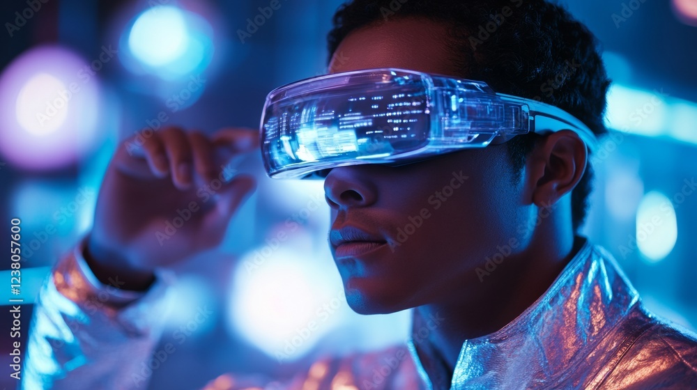 Aufkleber futuristic vr interaction young man engaged with ai holograms in metallic and iridescent space - cut